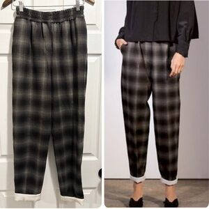 Aritzia Le Fou Wilfred Anise Pants High Rise Pull On Plaid Black Grey Cuffs XS